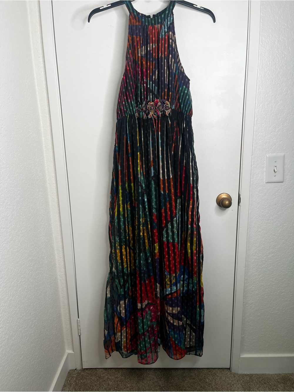 Anthropologie Geisha Design Kalinka Multicolor Halter Maxi Dress Pleated Sz 10